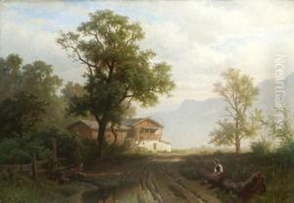 Rastende Magd Am Wegesrand In Vorgebirgslandschaft. Oil Painting by August Behrendsen