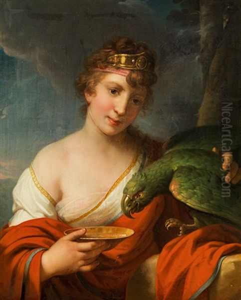 Young Girl With Parrot Oil Painting by Johann Baptist the Younger Lampi