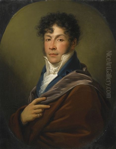 Portrait Of A Gentleman, Half Length, In A White Ruffled Shirt And Blue Jacket Oil Painting by Johann Baptist the Younger Lampi