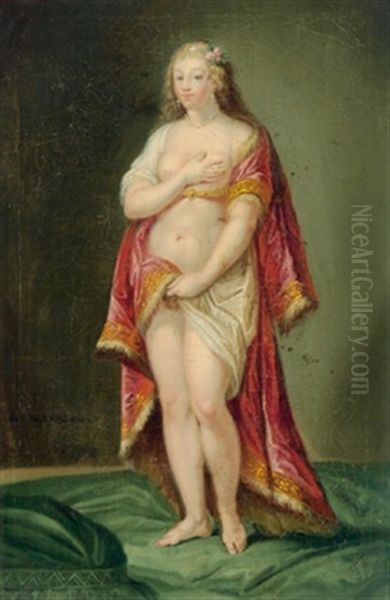 Rubens Frau Helene Fourment, Das Pelzchen (+ Ganzfigurenbildnis Einer Nackten In Einen Roten Mantel Gehullten Dame Mit Perlenhalsband; Pair) Oil Painting by Johann Baptist the Younger Lampi