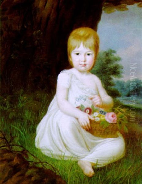 Bildnis Eines Kleinen Madchens Mit Einem Korb Mit Blumen Oil Painting by Johann Baptist the Younger Lampi