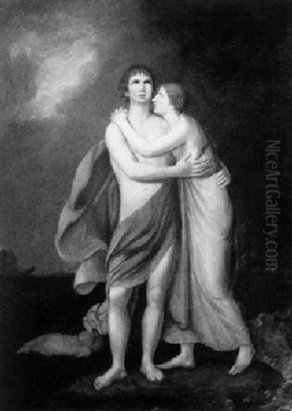 Mythologische Szene, Liebespaar In Sturmlandschaft Oil Painting by Johann Baptist the Younger Lampi