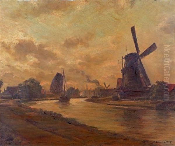 Moulins En Hollande Oil Painting by Pierre (Desire Eugene) Franc Lamy