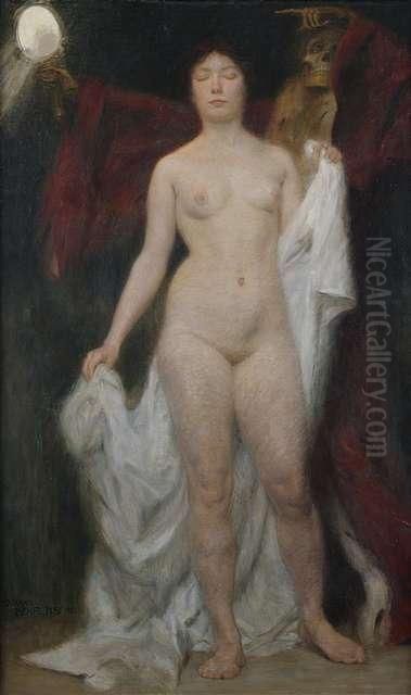 Female Nude With Death As A Vanitas Allegory Oil Painting by Hermann Behrens