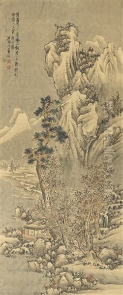 Conversing On Ancient Matters In Snowy Mountains Oil Painting by Lan Ying