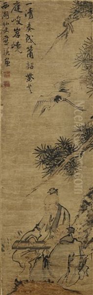 Scholar Playing Qin Under Pine Tree Oil Painting by Lan Ying