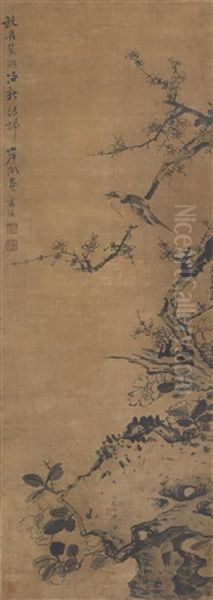 Bird, Plum Blossom And Rock Oil Painting by Lan Ying