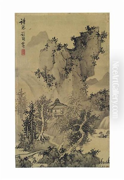 Scholar In The Autumn Mountains Oil Painting by Lan Ying