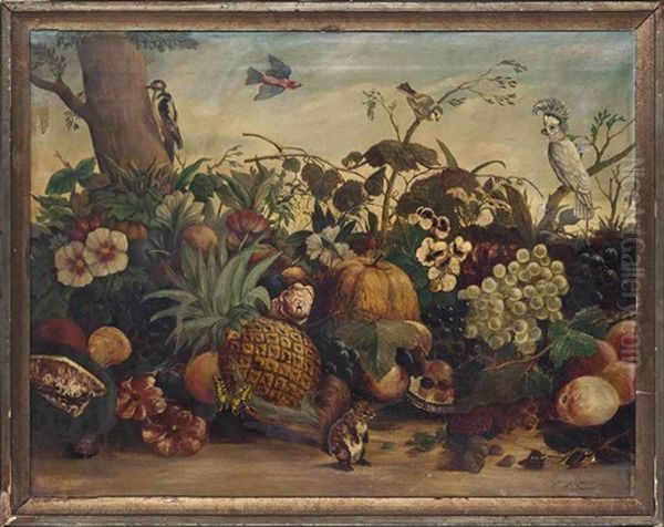 Exotic Fruit, Flowers And Birds Oil Painting by George Lance