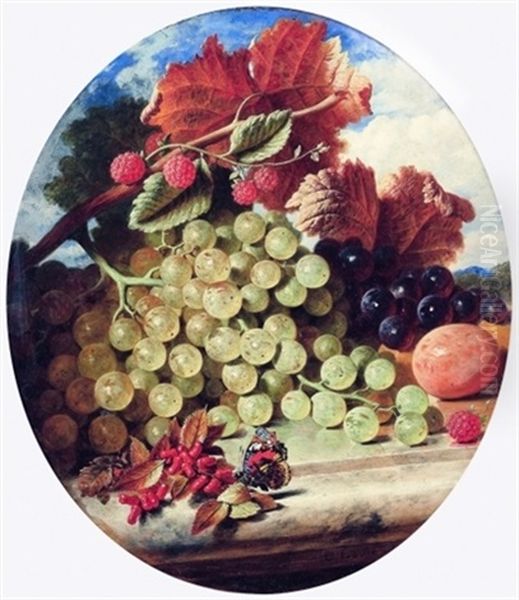 Nature Morte De Raisins, Baies Rouges, Framboises Et Papillon Oil Painting by George Lance