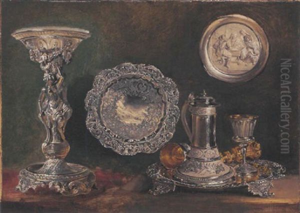 Une Coupe A Friandises En Argent, Un Plat En Argent, Un Pichet, Un Gobelet, Une Timbale Sur Un Presentoir Oil Painting by George Lance