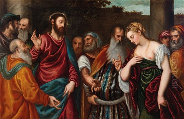 Christ And The Adulteress Oil Painting by Polidoro De Renzi