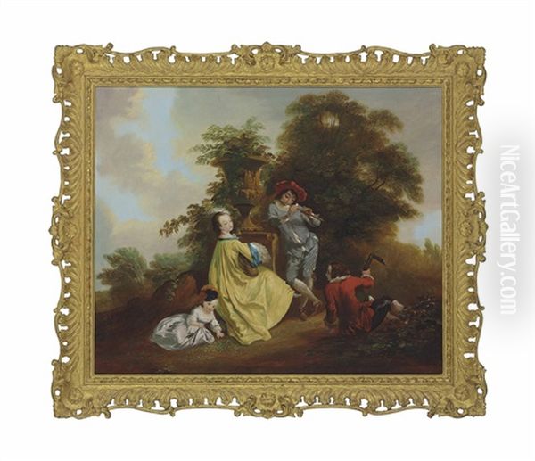 Elegant Figures Making Music In A Landscape Oil Painting by Nicolas Lancret
