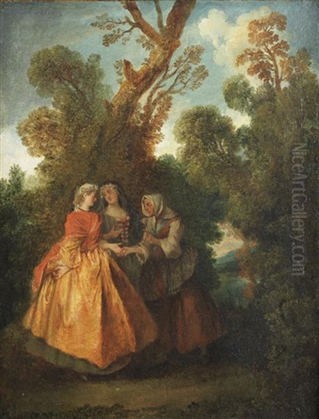 An Elegant Lady And A Fortune Teller In A Wooded Landscape Oil Painting by Nicolas Lancret