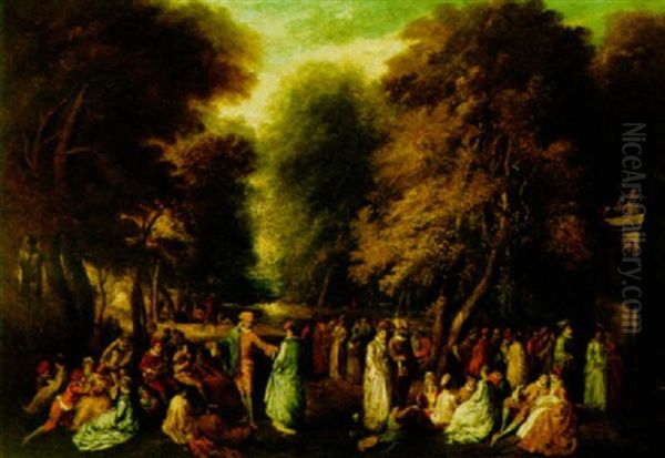 An Elegant Company In A Park By A Pond Oil Painting by Nicolas Lancret