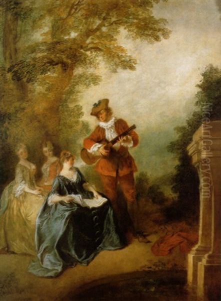 A Musical Scene In A Garden With A Guitar Player Oil Painting by Nicolas Lancret