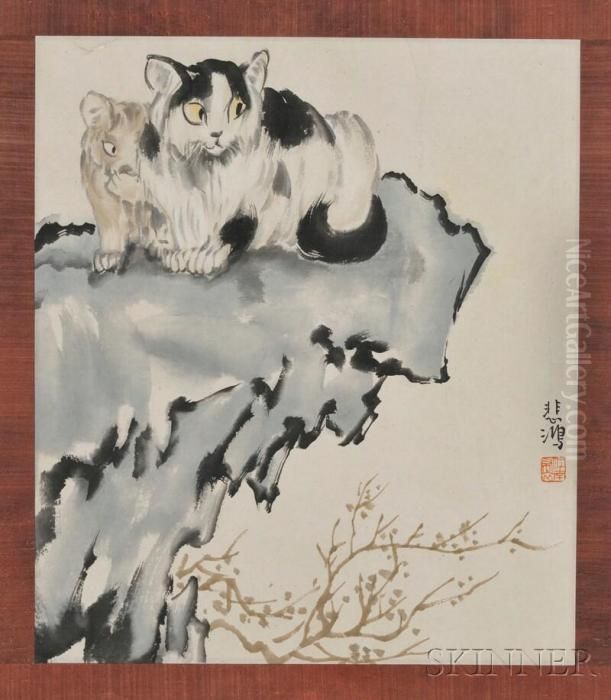 Depicting Two Cats On A Rock Oil Painting by Xu Beihong