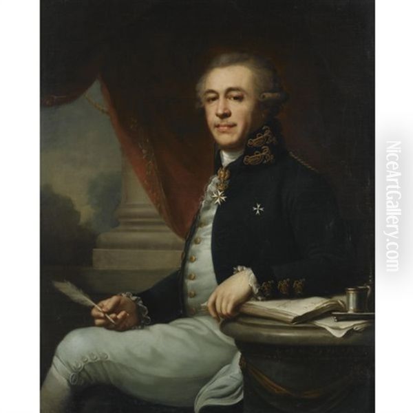 Portrait Of A Knight Of The Order Of Saint John (malta) Seated Beside A Stone Ledge, Wearing A Green Coat And A White Waistcoat, Holding A Quil And A Book Oil Painting by Gaspare Landi