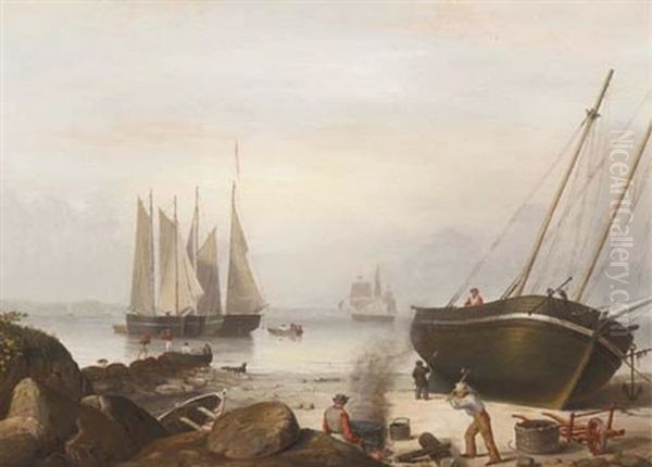 Beached For Repairs, Duncan's Point, Gloucester Oil Painting by Fitz Henry Lane