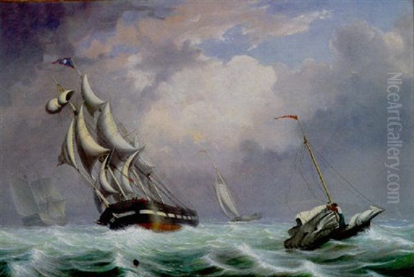 Ships In A Rough Sea Oil Painting by Fitz Henry Lane
