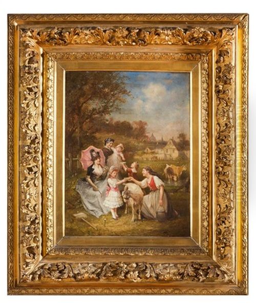 Femmes Et Enfants Et Scenes Galantes (pair) Oil Painting by Francois-Louis Lanfant