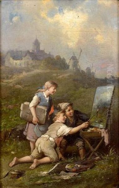 Enfants Peintres Sur Fond De Paysage Oil Painting by Francois-Louis Lanfant