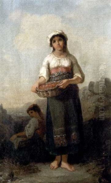 Paysannes Aux Paniers De Fruits Oil Painting by Francois-Louis Lanfant