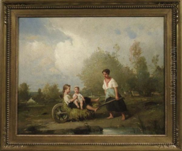Drei Spielende Kinder Mit Einem Schubkarren Am Dorfrand Oil Painting by Francois-Louis Lanfant