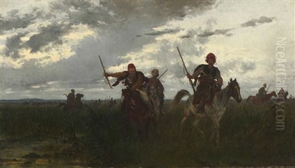 Turkische Baschi-bosuks In Moorlandschaft Oil Painting by Heinrich Lang