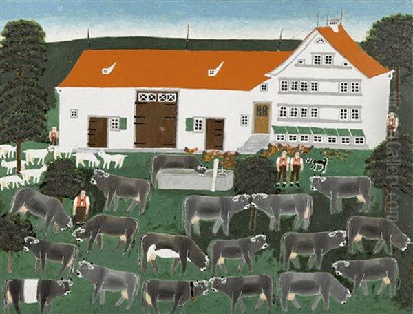 Liegenschaft Mit Kuhen Und Geissen Oil Painting by Johannes Langenegger