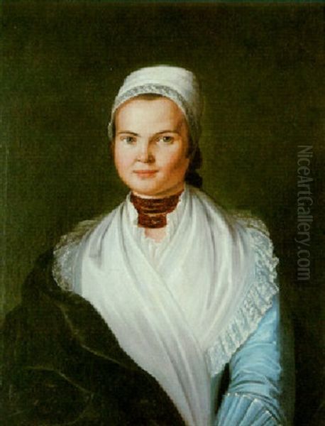 Bildnis Einer Jungen Pfalzerin Aus Wachenheim In Blauem Kleid Mit Weisem Schal Oil Painting by Johan Josef Langenhoeffel