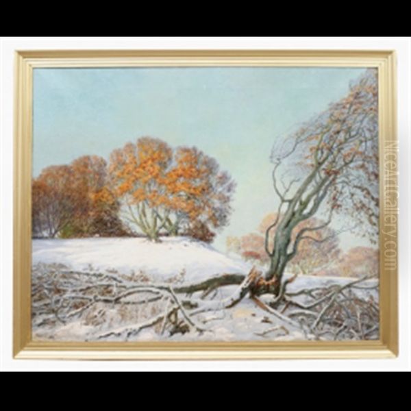 Solbelyst Vinterlandskap Oil Painting by Olaf Viggo Peter Langer