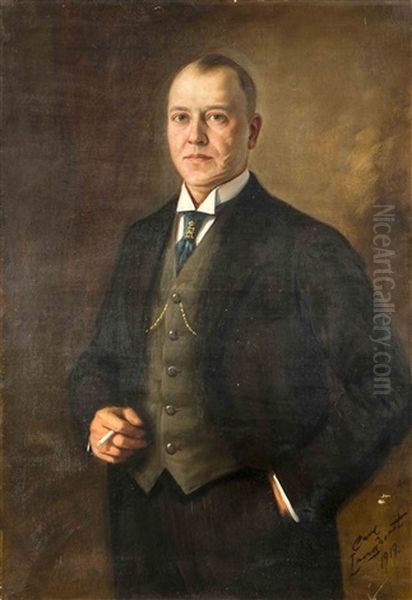 Herrenportrait Eines Mannes Mit Schmiss Im Gesicht Und Zigarette In Der Hand Oil Painting by Carl Langhorst