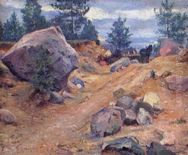 Hast Med Vagn I Stenig Skogsterrang Oil Painting by Alexander Langlet