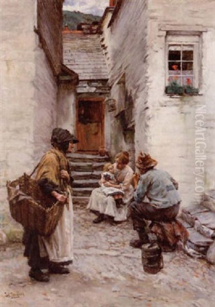 Figures In A Cornish Fishing Town Oil Painting by Walter Langley