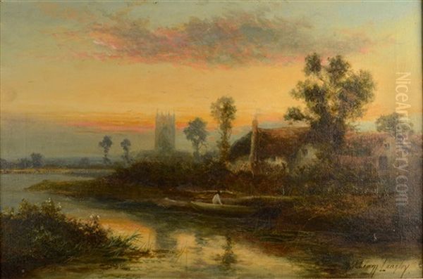 Sunset Over An English Town Oil Painting by William Langley