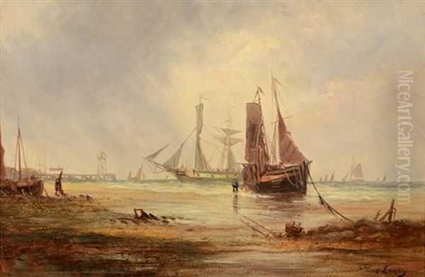 Ship In Harbor Oil Painting by William Langley