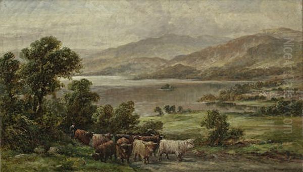 A Drover With Highland Cattle In Front Of A Loch (+ Highland Cattle In A Loch; Pair) Oil Painting by William Langley