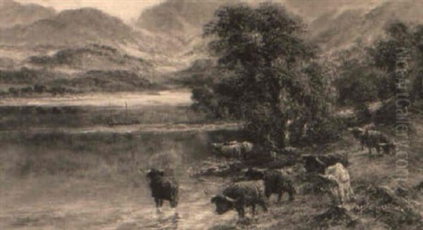 Cattle Watering In A Mountainous Landscape Oil Painting by William Langley