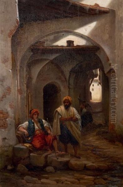Fumeur Et Promeneurs Dans Une Rue D'alger Smoker And Walkers In A Street In Algier Oil Painting by Jean-Charles Langlois