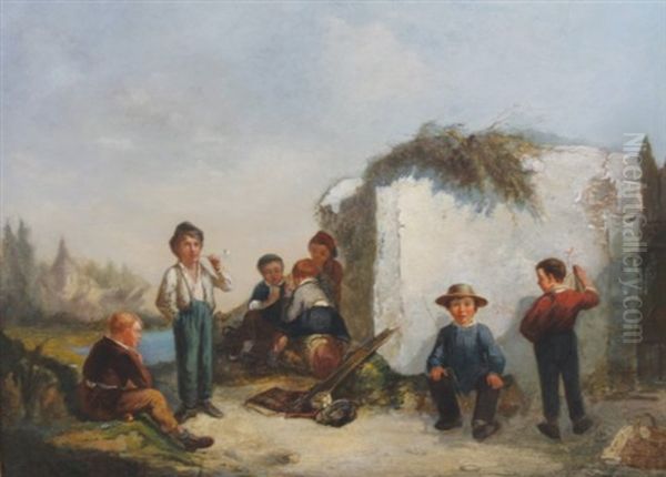 Children Playing Oil Painting by Jean-Charles Langlois