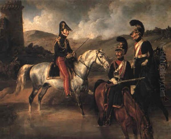 French Officer And Troopers, Probably In A Penninsular War Setting Oil Painting by Jean-Charles Langlois