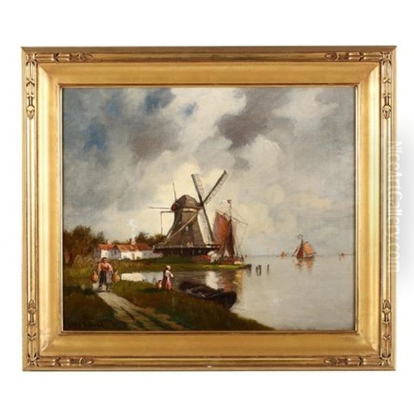 The Old Mill At Dordrecht Oil Painting by Walter Franklin Lansil