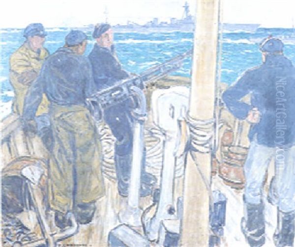 Pecheurs Regardant Un Cuirasse Oil Painting by Fernand Lantoine