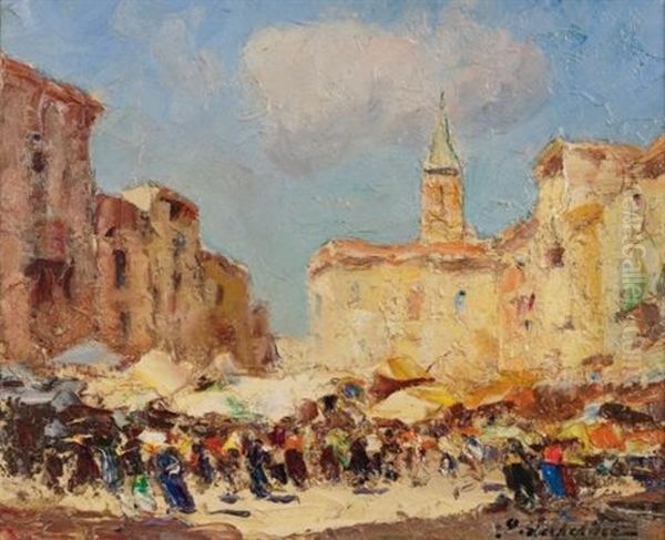 Nice, Le Marche Aux Fleurs Oil Painting by Georgi Alexandrovich Lapchine
