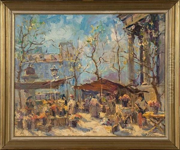 Marche Aux Fleurs A La Madeleine Oil Painting by Georgi Alexandrovich Lapchine