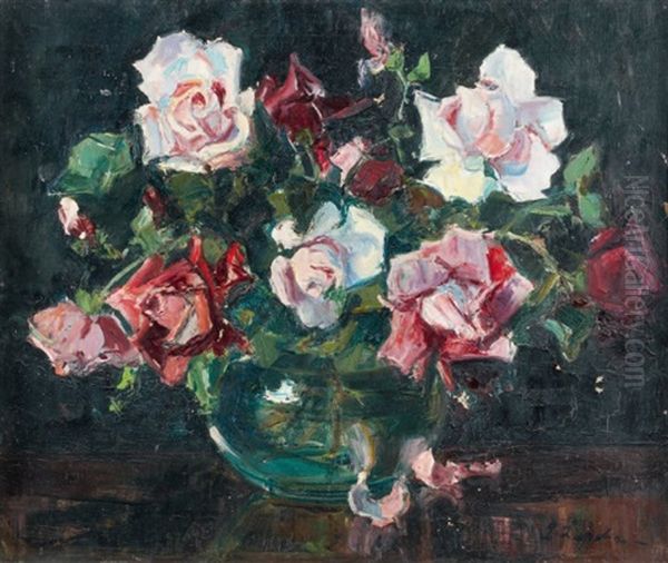 Bouquet De Roses Oil Painting by Georgi Alexandrovich Lapchine