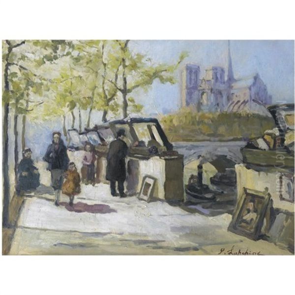 Booksellers On The Banks Of The Seine Oil Painting by Georgi Alexandrovich Lapchine