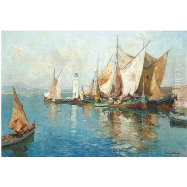 Boats In A Harbour Oil Painting by Georgi Alexandrovich Lapchine