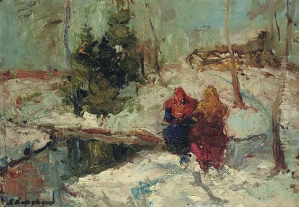 Figures In A Winter Landscape Oil Painting by Georgi Alexandrovich Lapchine